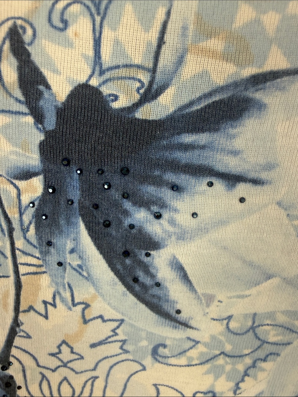 Olsen Europe Cotton Blue Floral Watercolor Embellished 3/4 Sleeve Top Size M 10 - Picture 8 of 13